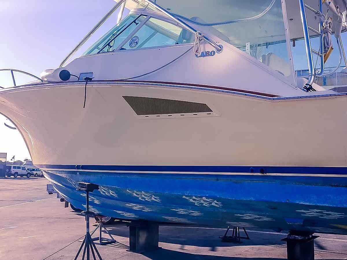 Engine room mist eliminator grille installed in a recreational boat.