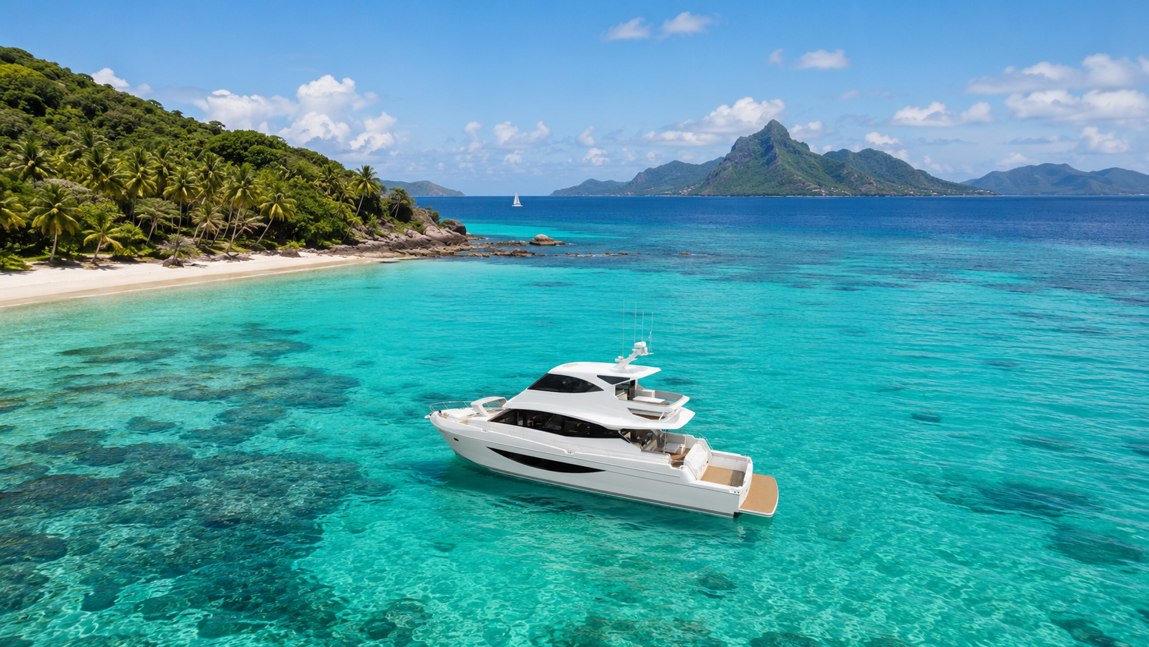 A Maritimo M60 with new engine room ventilation grilles in a pristine tropical ocean environment.