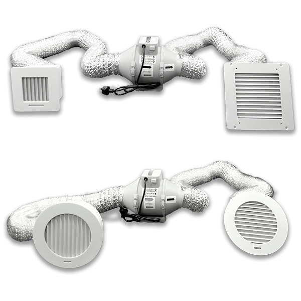 Mixed flow fan combo kit with ducting and circular and square grilles