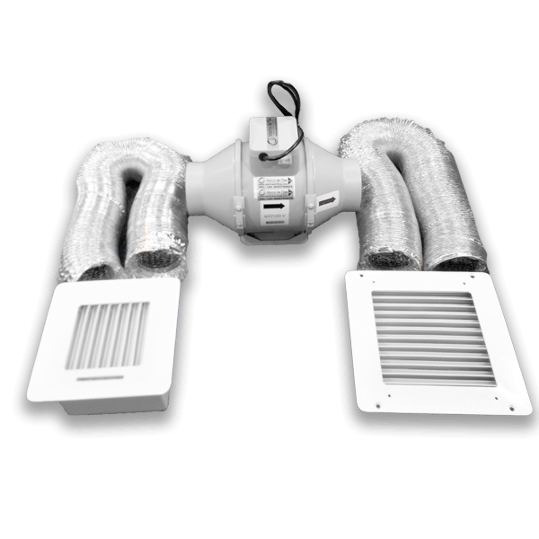 Mixed flow fan combo kit with ducting and square grilles