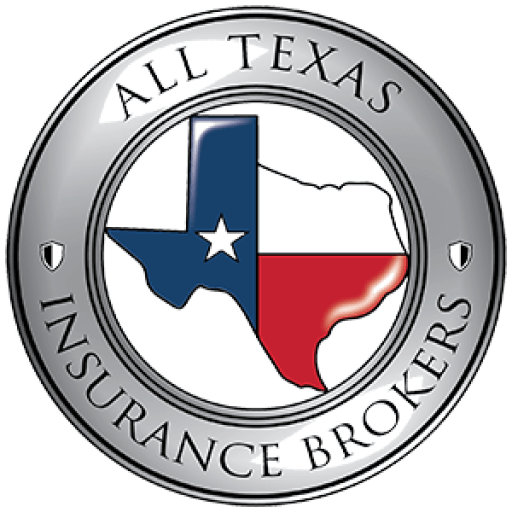 Logo for All Texas Insurance Brokers: Texas flag within a silver circular frame. Text reads "All Texas Insurance Brokers".