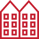 Red icon of two connected buildings, each with nine windows.