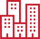 Red illustration of three buildings, representing a city skyline.