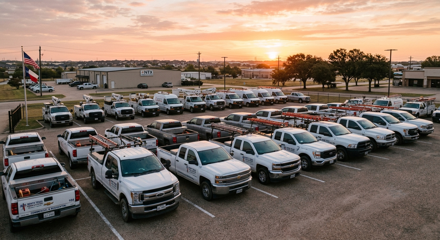Work truck parked on a commercial street in North Richland Hills, Texas on a sunny day