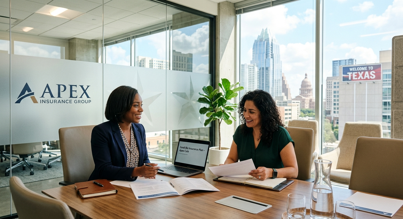 Small business owner reviewing commercial insurance documents with an independent broker at a desk in a Texas office