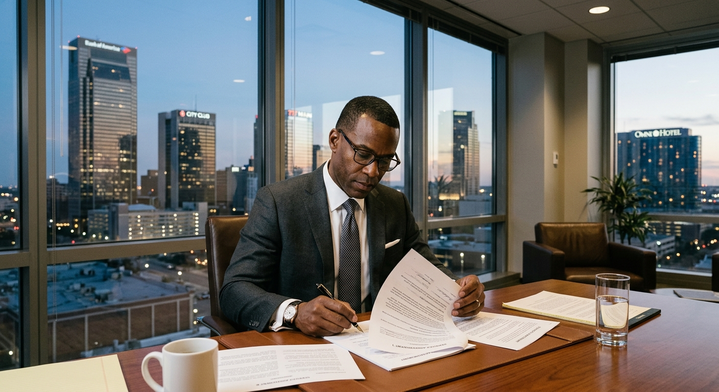 Professional woman reviewing documents at a desk in a modern Fort Worth office, suggesting business risk and insurance