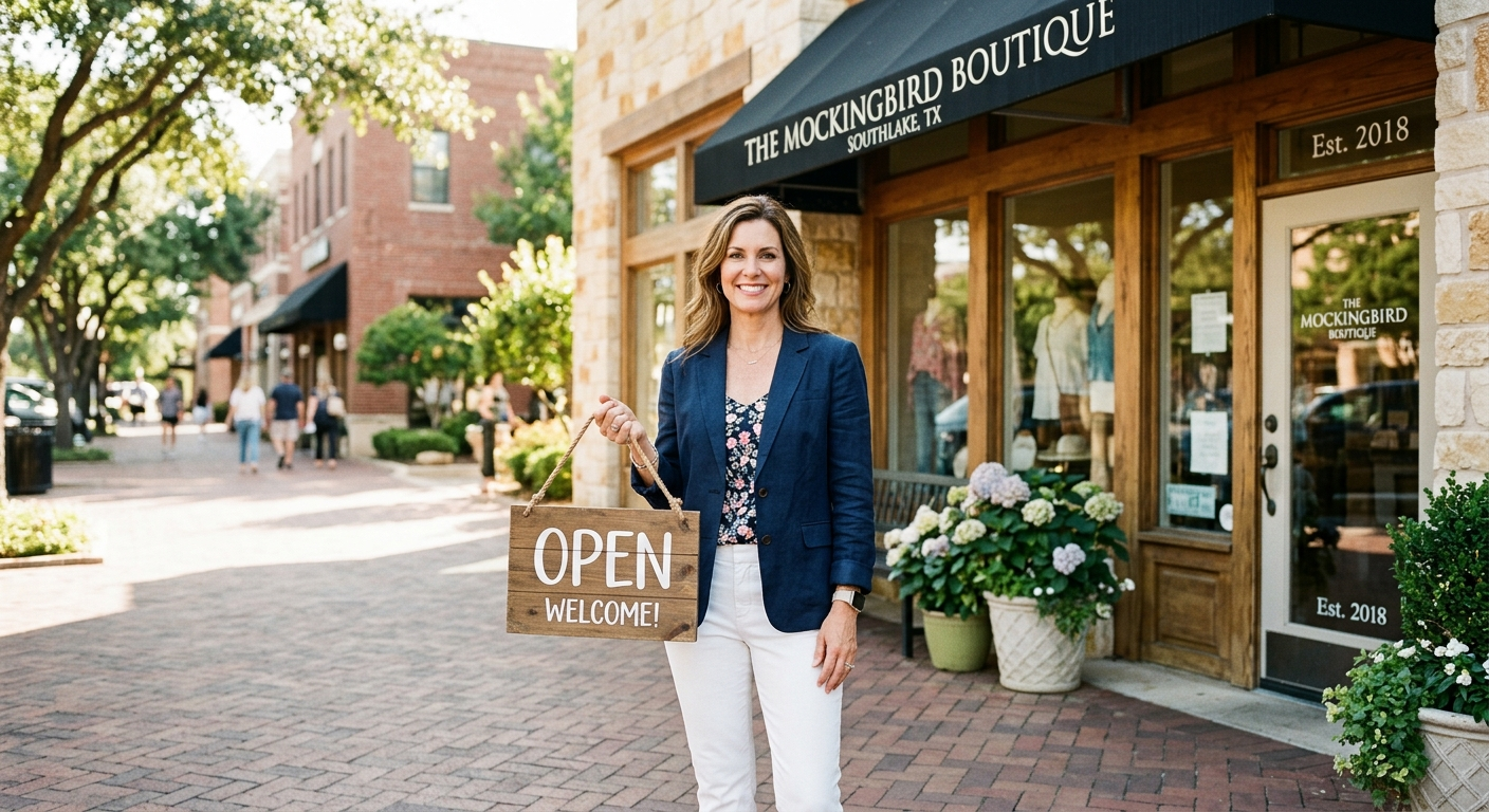 Southlake Town Square retail street with small business storefronts under a clear Texas sky