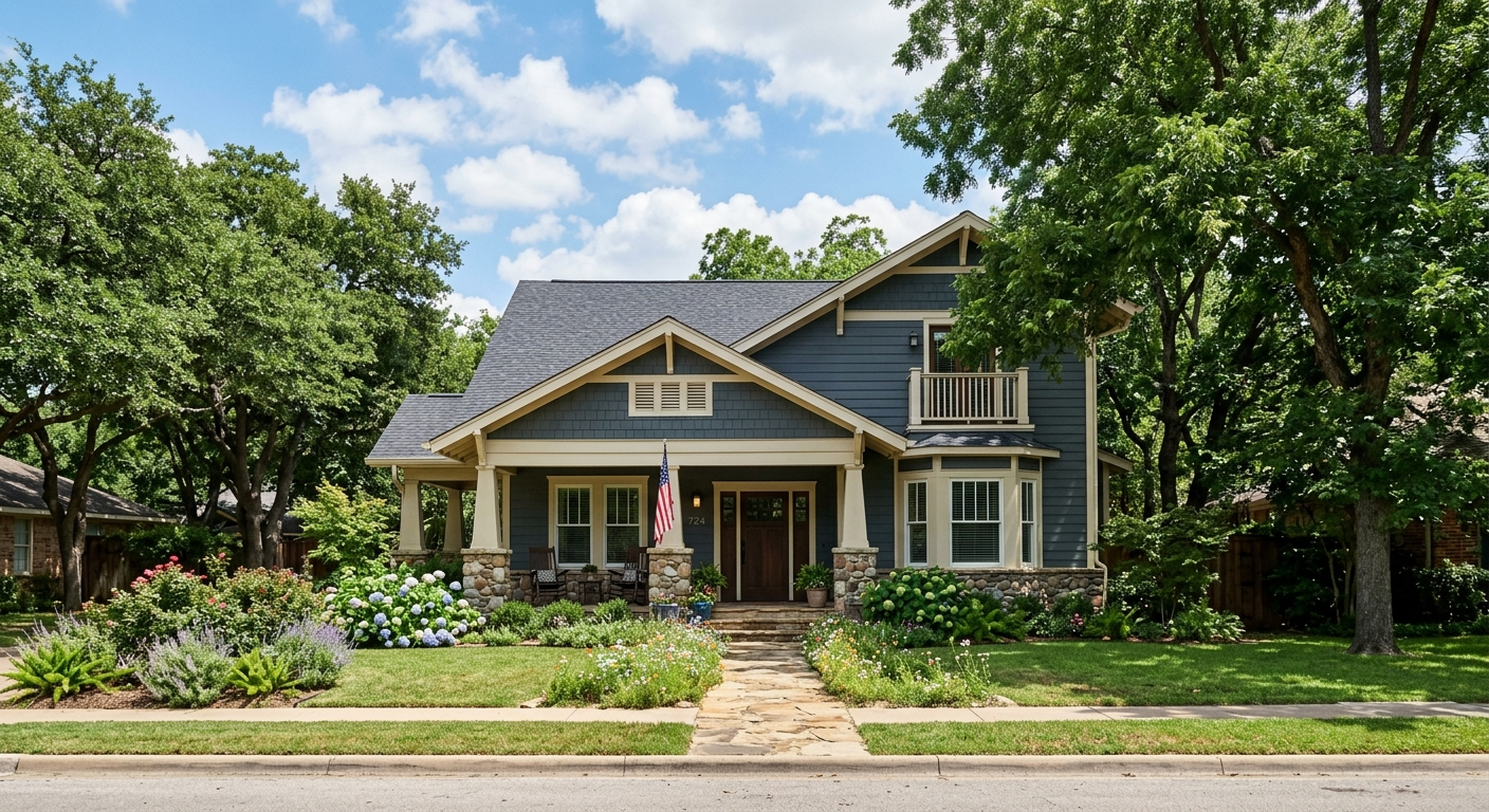 Aerial view of a residential neighborhood in Grapevine, Texas with tree-lined streets and single-family homes near Lake