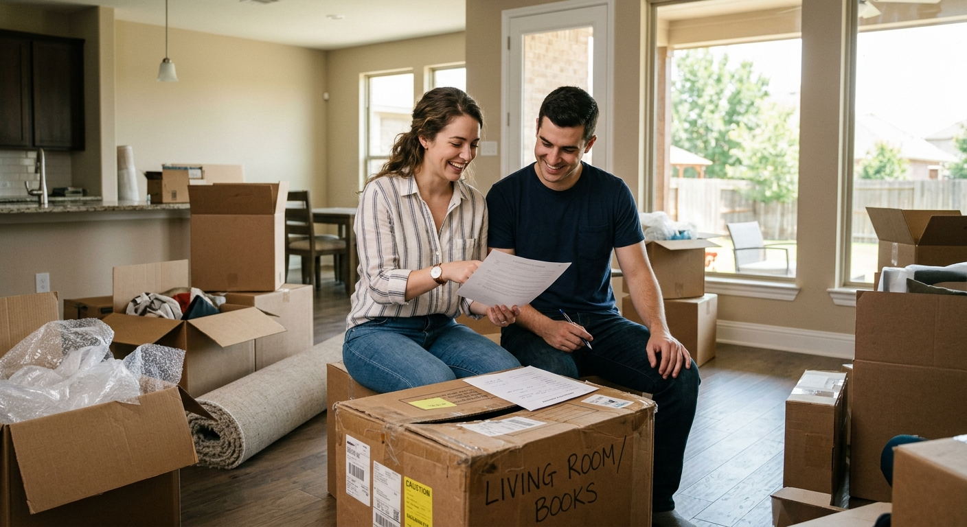 New residents unpacking moving boxes in a sunny Texas home with a welcome mat at the front door