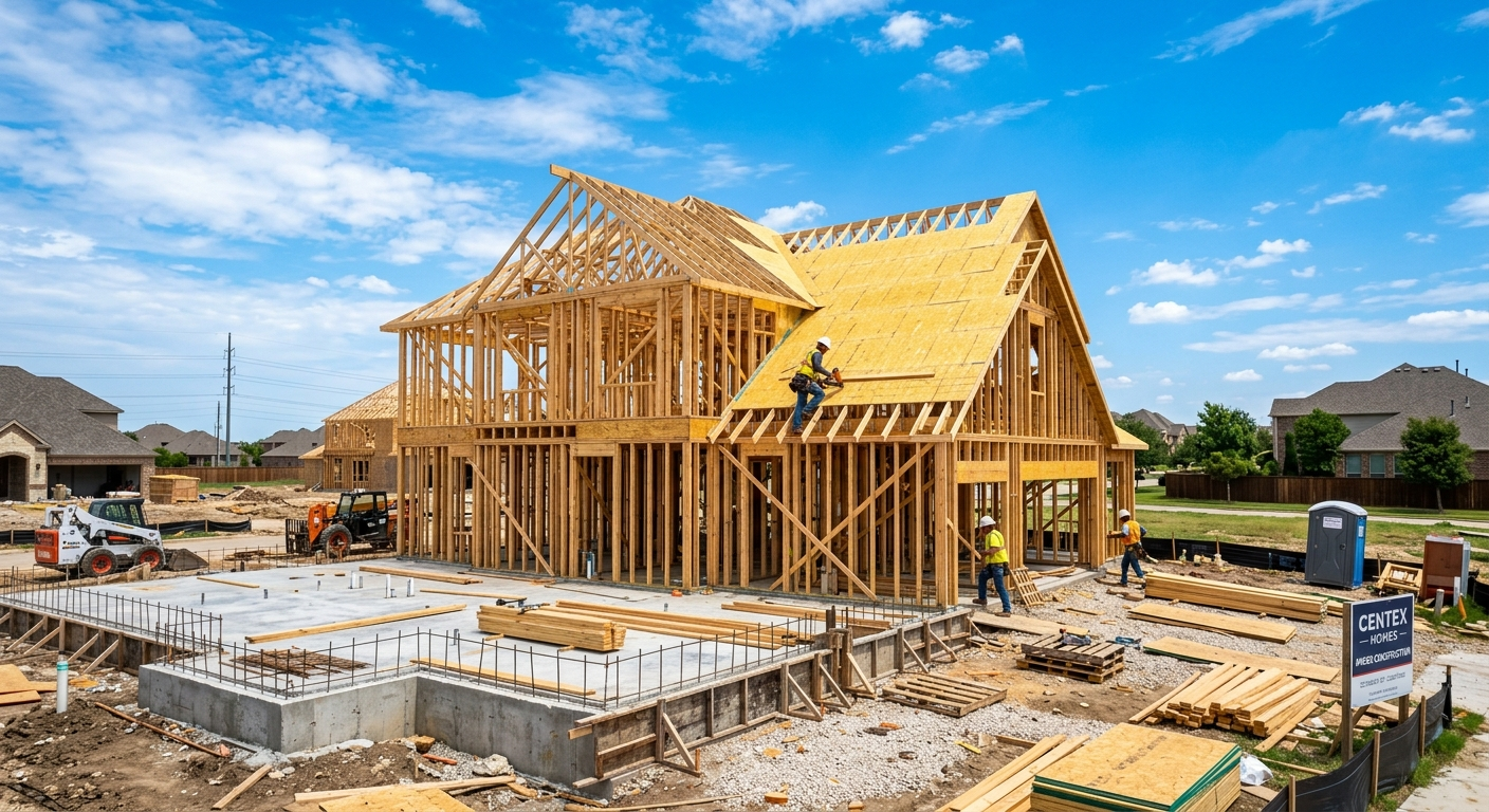 Newly framed house under construction on a sunny Texas afternoon with lumber stacked in the foreground and a clear blue sky