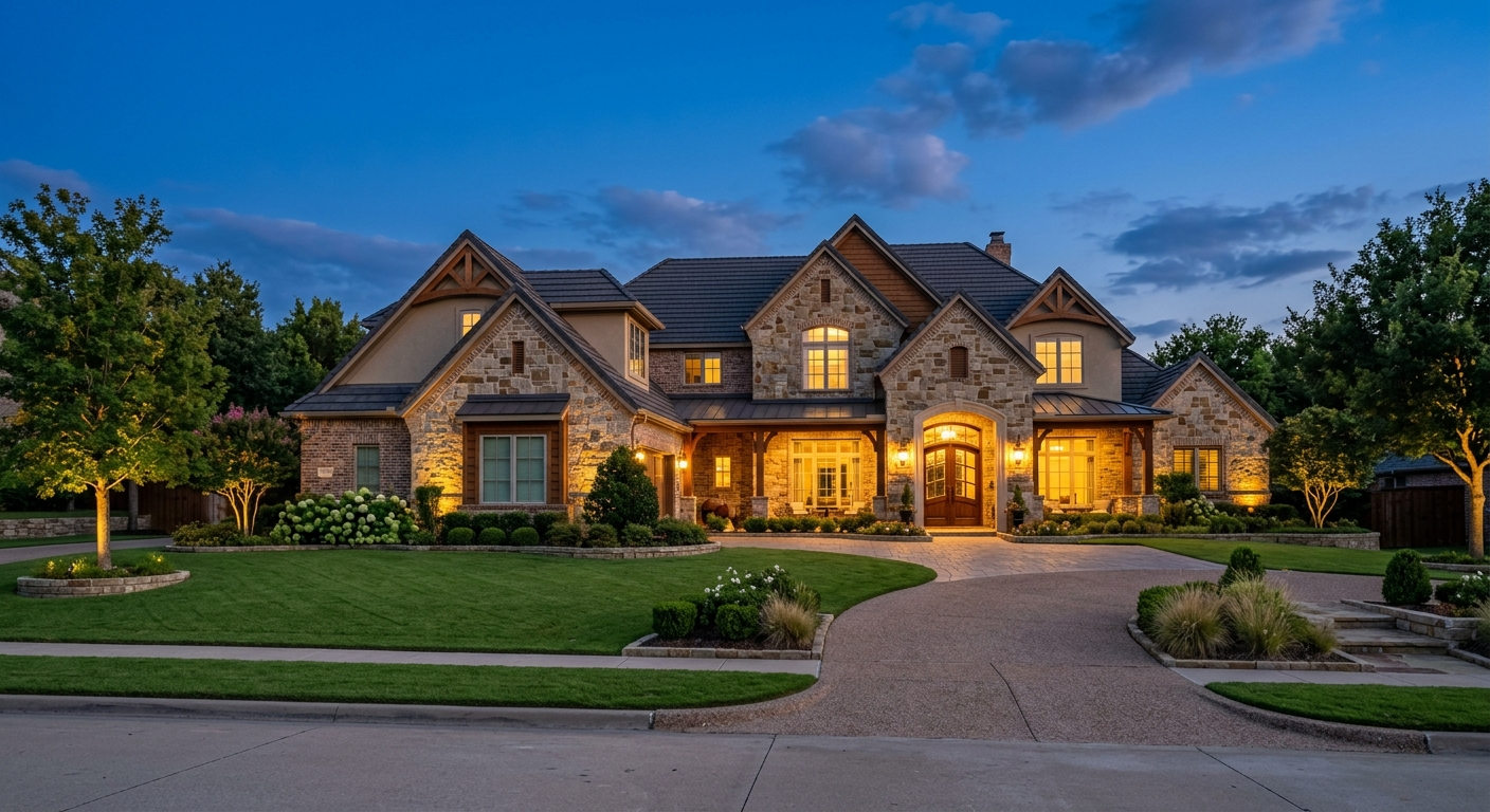 Aerial view of a large custom home in a Southlake Texas neighborhood on a partly cloudy spring day