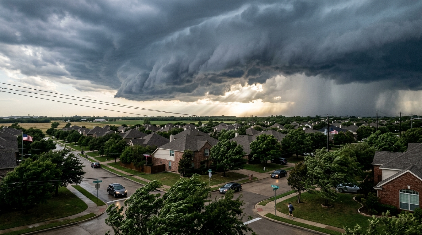Aerial view of a Texas neighborhood with storm clouds and hail damage visible on residential rooftops