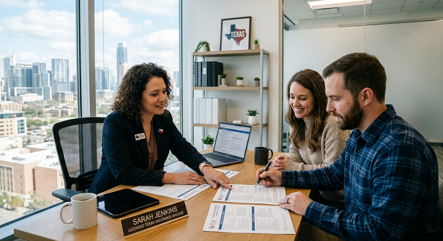 Texas insurance broker sitting across a desk from a couple reviewing insurance documents in a bright office