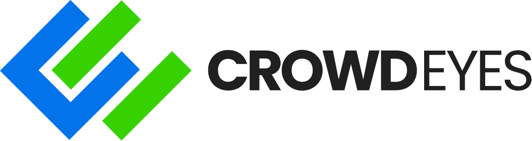 Crowdeyes-logo med blåt og grønt geometrisk mærke og sort tekst