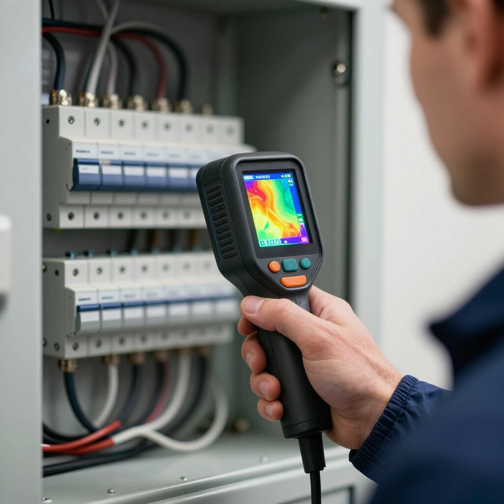 Cámara térmica inspeccionando un panel eléctrico con disyuntores y cableado.