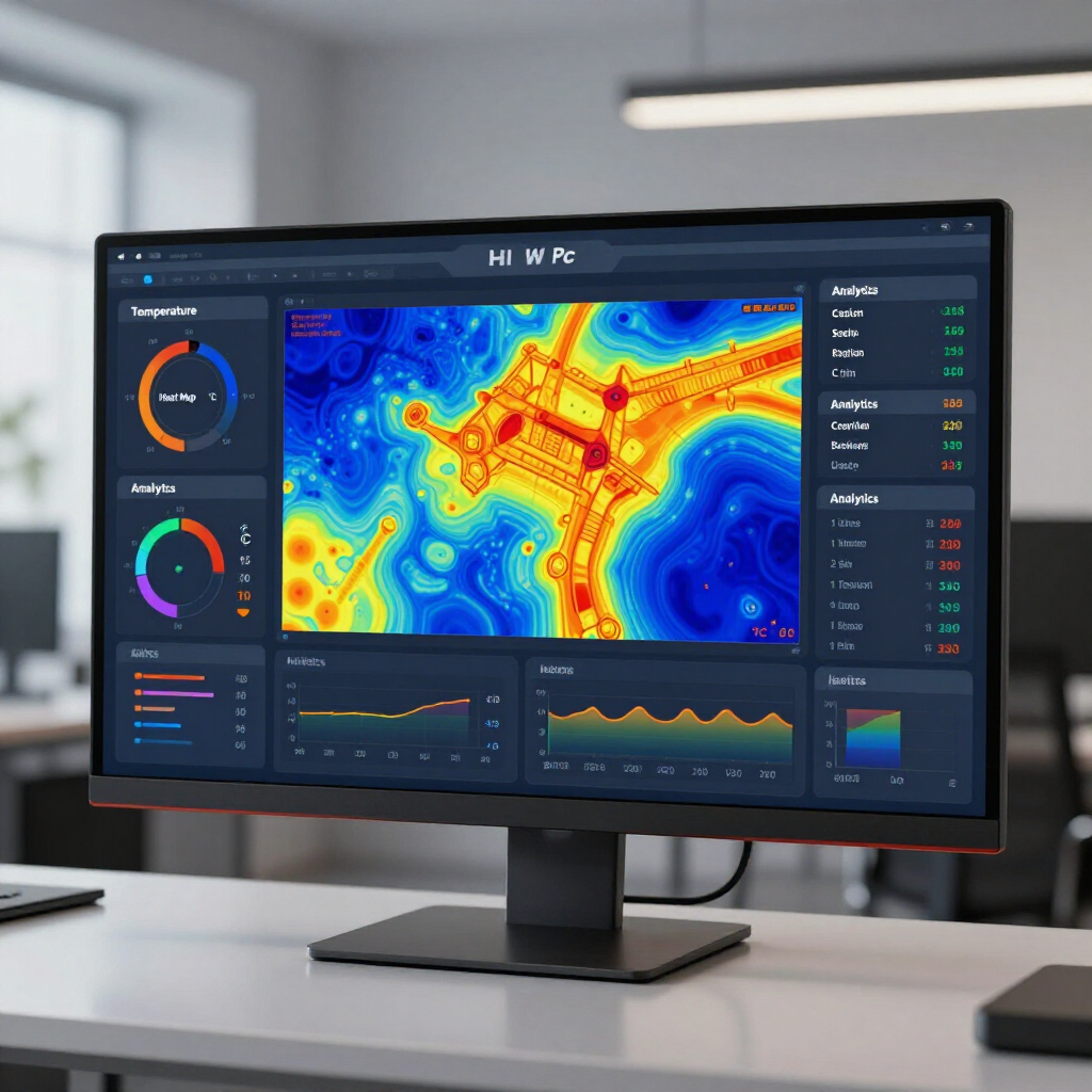 Monitor de escritorio que muestra un panel de análisis de mapa de calor a color en un entorno de oficina moderno.