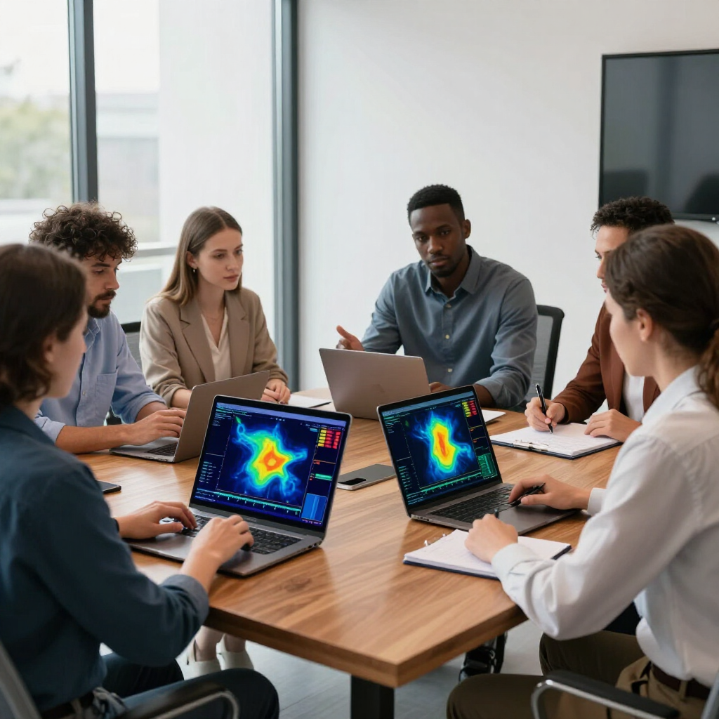 Reunión de equipo muestran coloridos mapas de calor en una luminosa sala de conferencias.