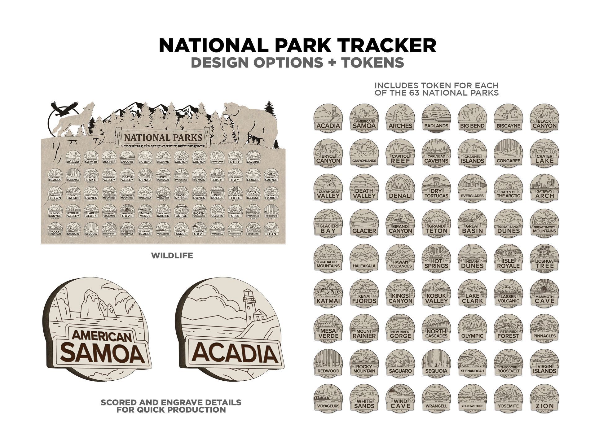 National Park tracker design showcasing a Canyonlands badge and a grid of slots. Mountains are at the top.