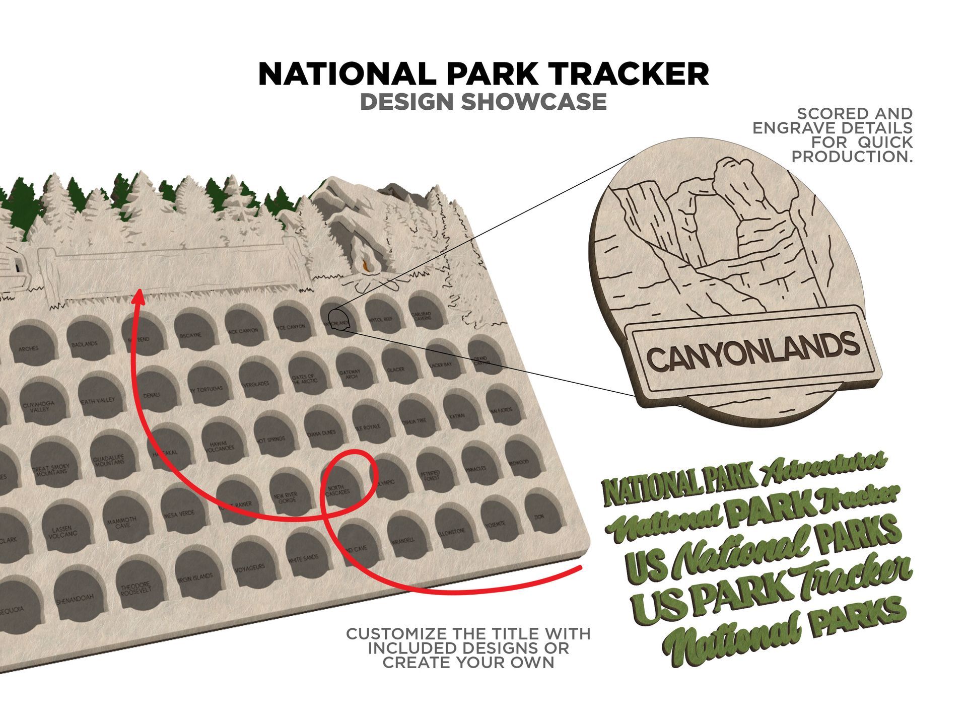 National Park tracker design showcasing a Canyonlands badge and a grid of slots. Mountains are at the top.