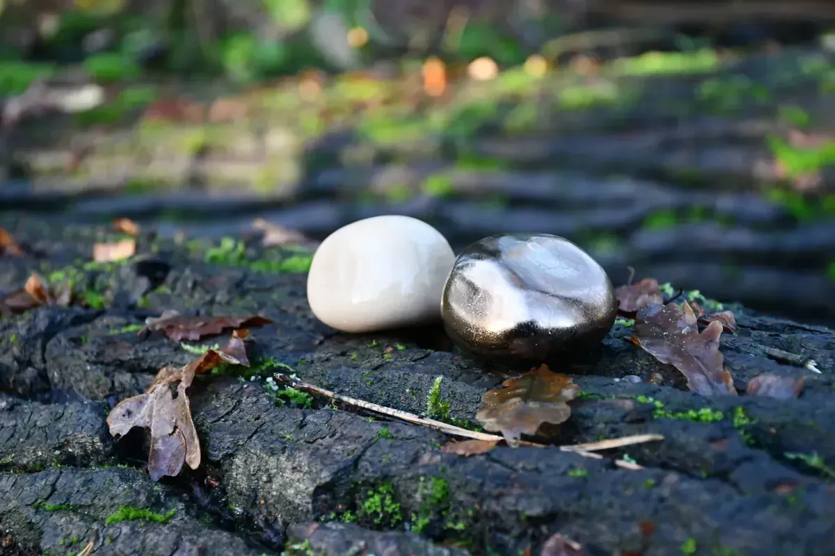 Een koperkleurige steen ligt op een wit oppervlak