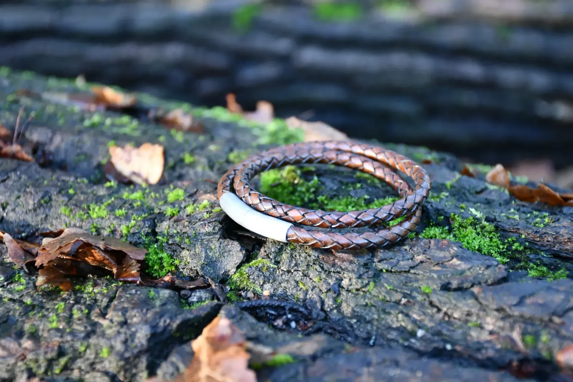 Een bruine gevlochten leren armband met een roestvrijstalen sluiting