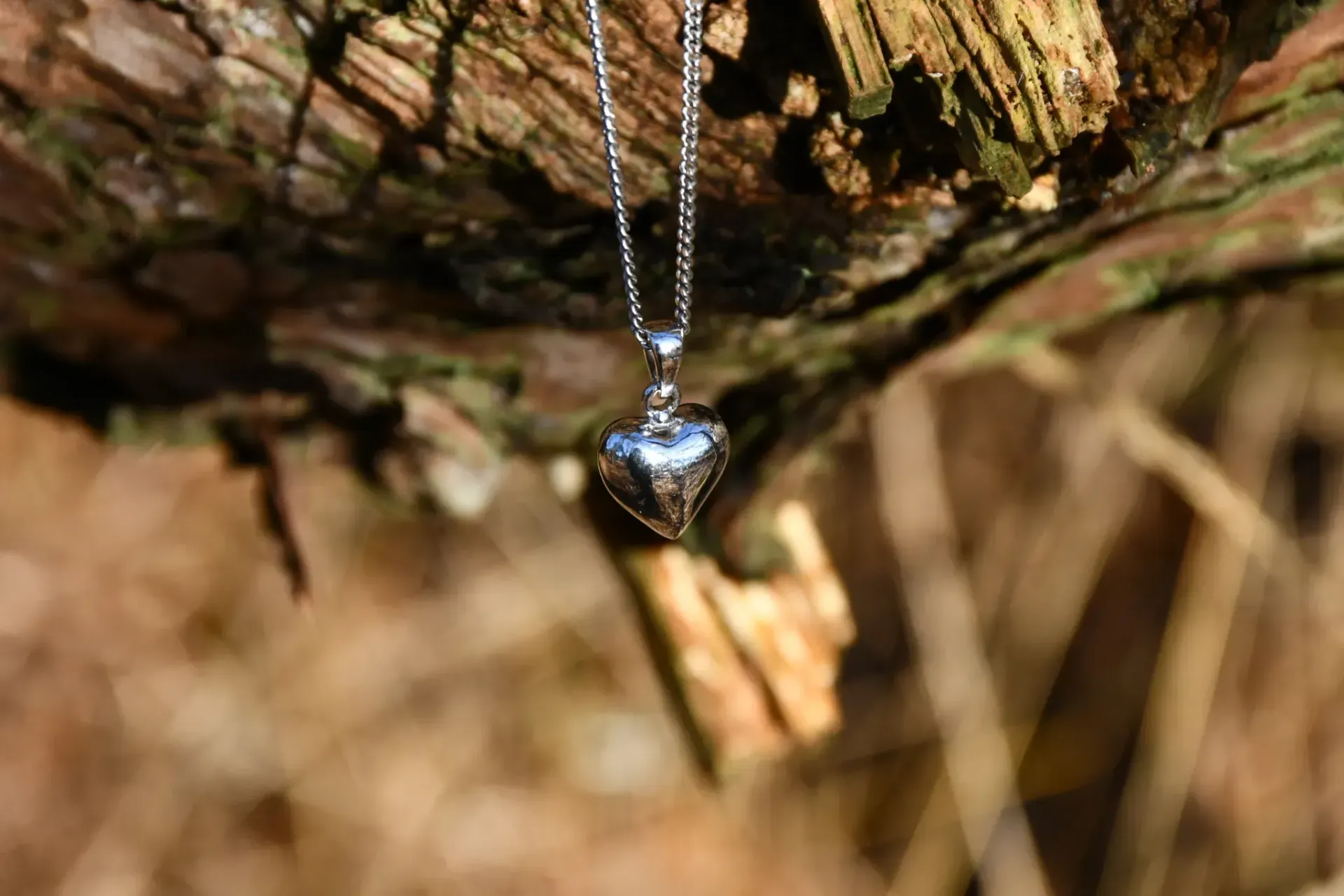 Een klein zilveren hartvormig hangertje aan een ketting