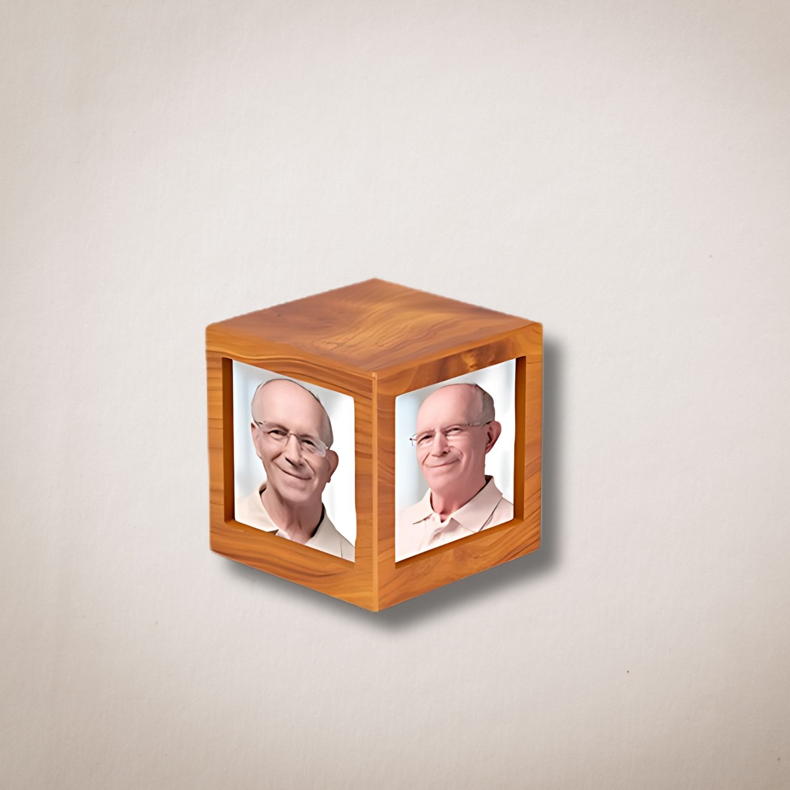Een houten kubus met twee afbeeldingen van mannen erop