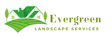 The logo for evergreen landscape services shows a house in the middle of a field.