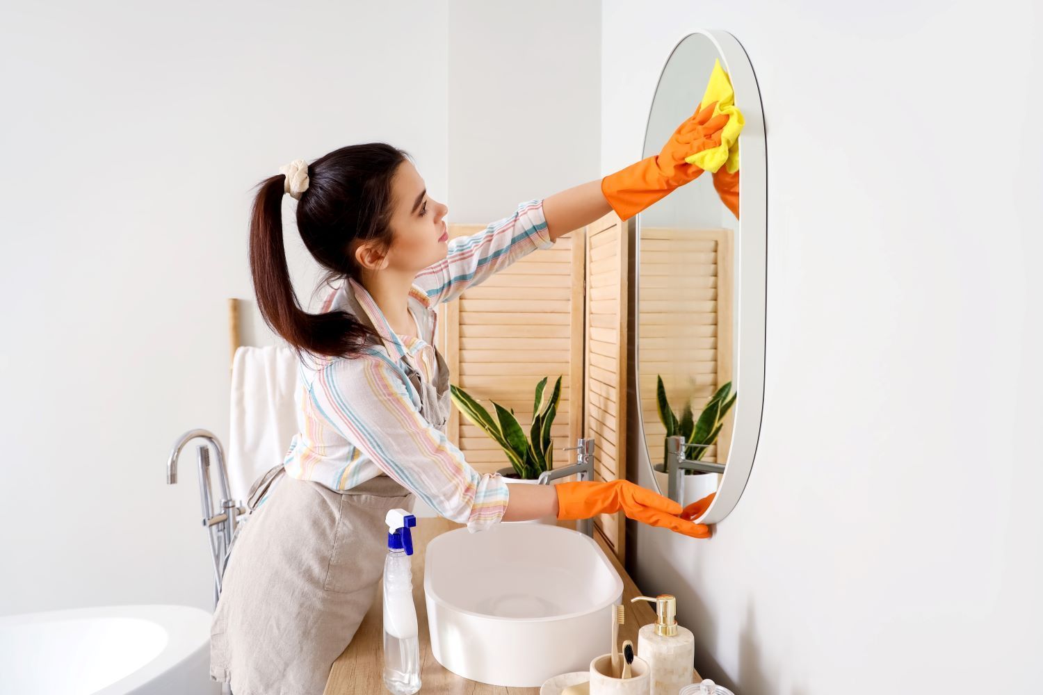 Woman Cleaning Mirror In The Bathroom — Eleos Support Services In Lavington, NSW