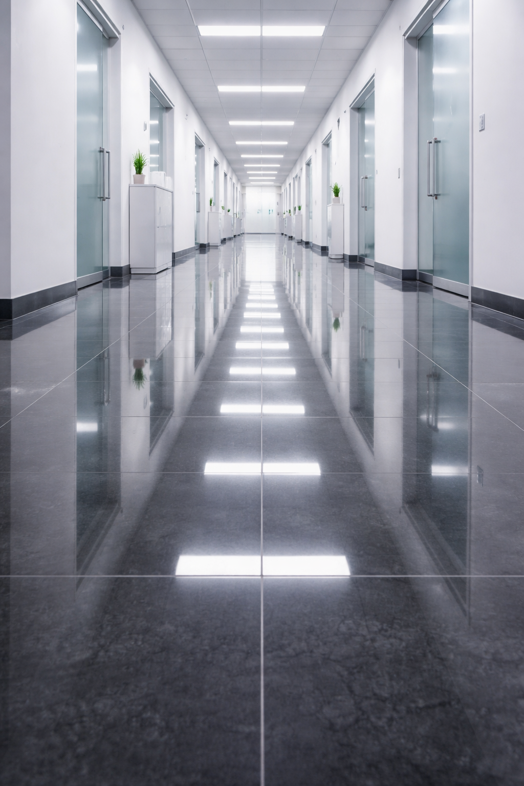 A long, symmetrical office hallway with white walls, glass-paneled doors, and a polished dark grey floor reflecting lights.