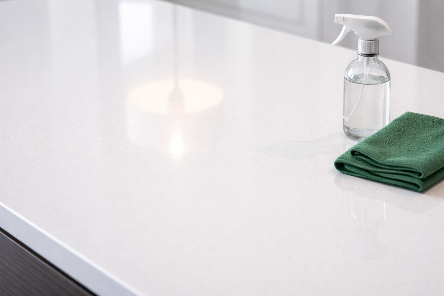 A clean, white countertop surface with a spray bottle and a folded green cloth.