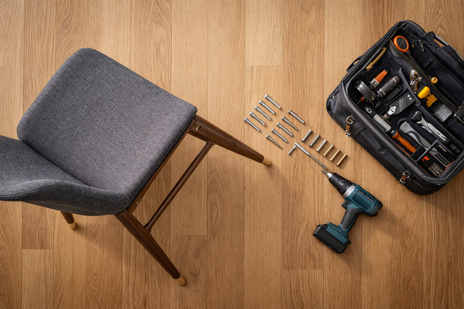 A grey upholstered chair sits on a wood floor next to a tool bag, power drill, and assorted hardware.