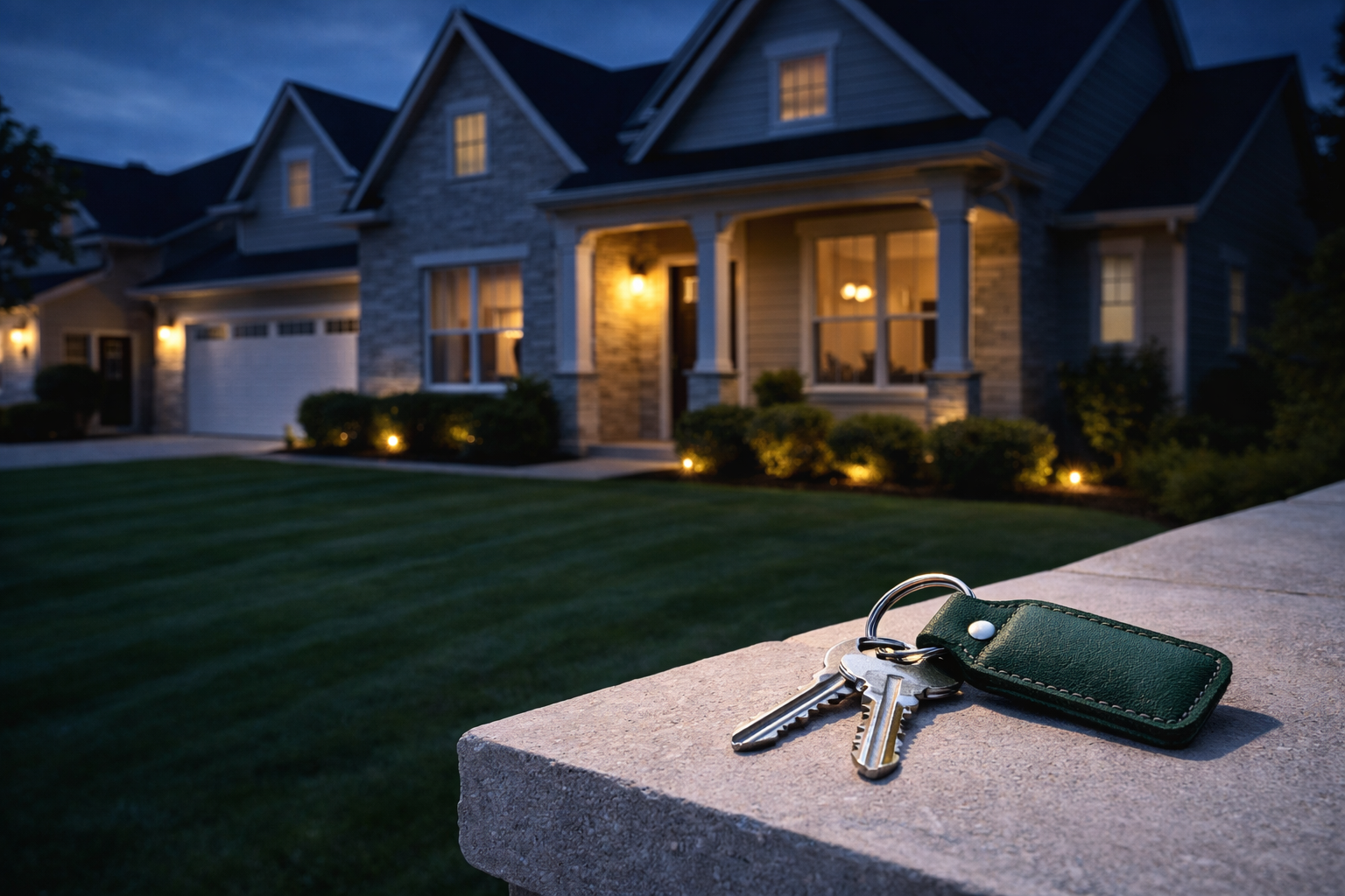 A set of keys with a green fob rests on a concrete surface in the foreground, with a suburban home illuminated at night.