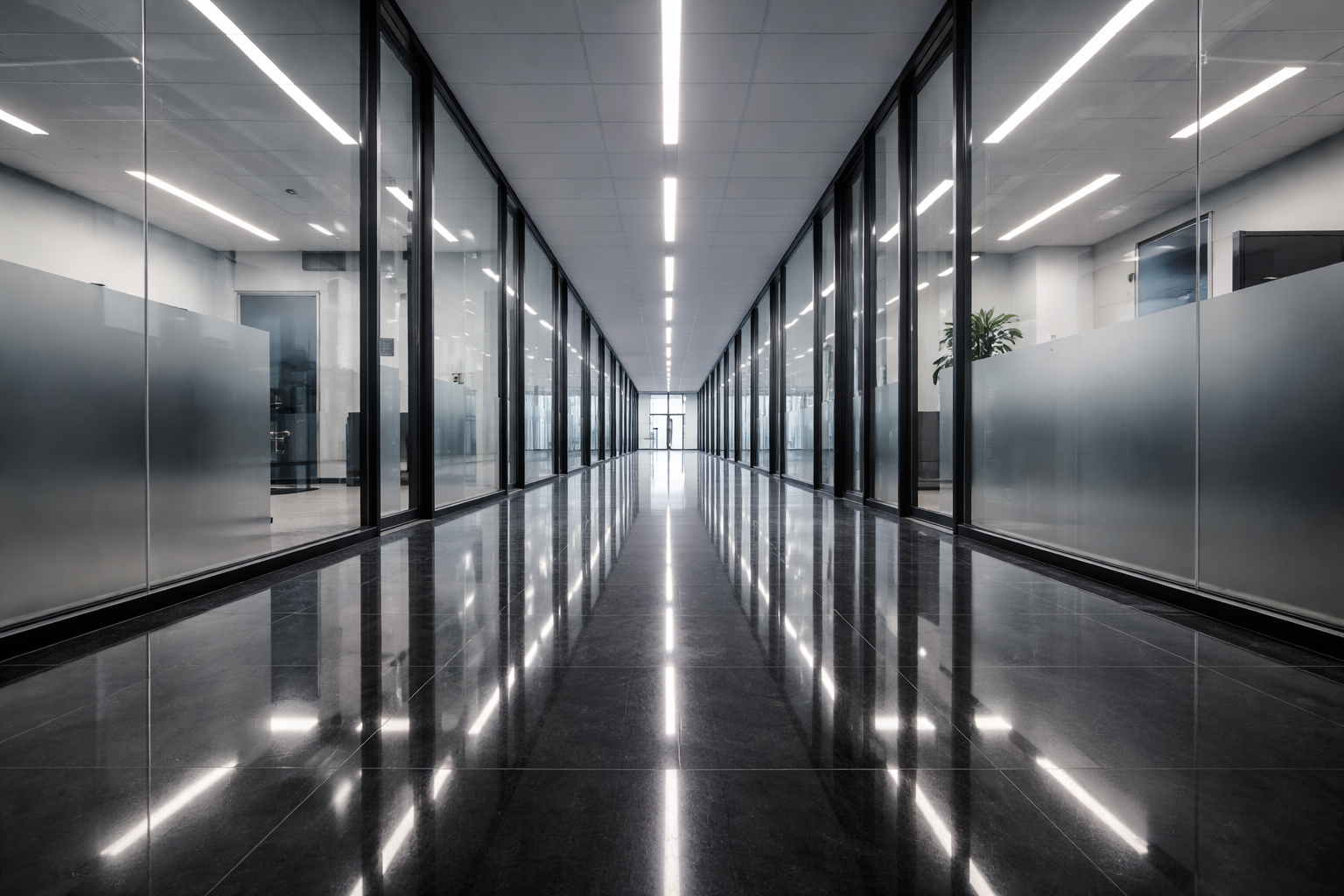A modern, empty office hallway with reflective black tile floors and glass-walled partitions under bright overhead lights.