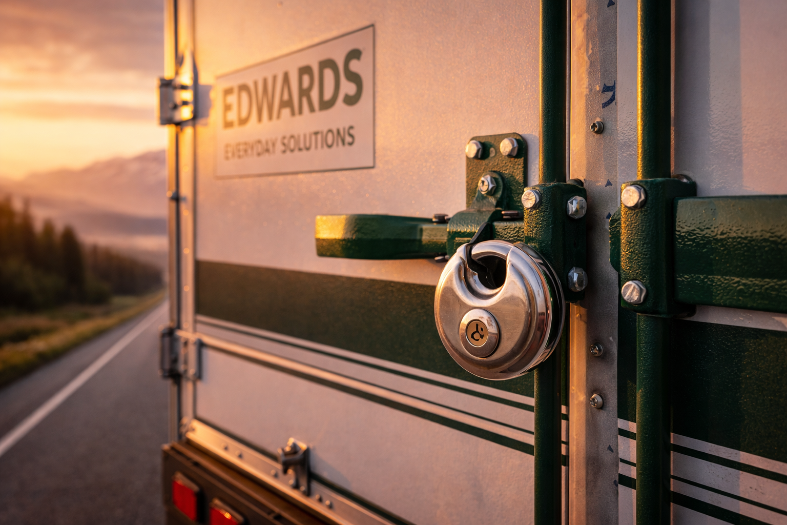 A round padlock secures the green-trimmed back doors of an Edwards Everyday Solutions truck parked on a mountain road.