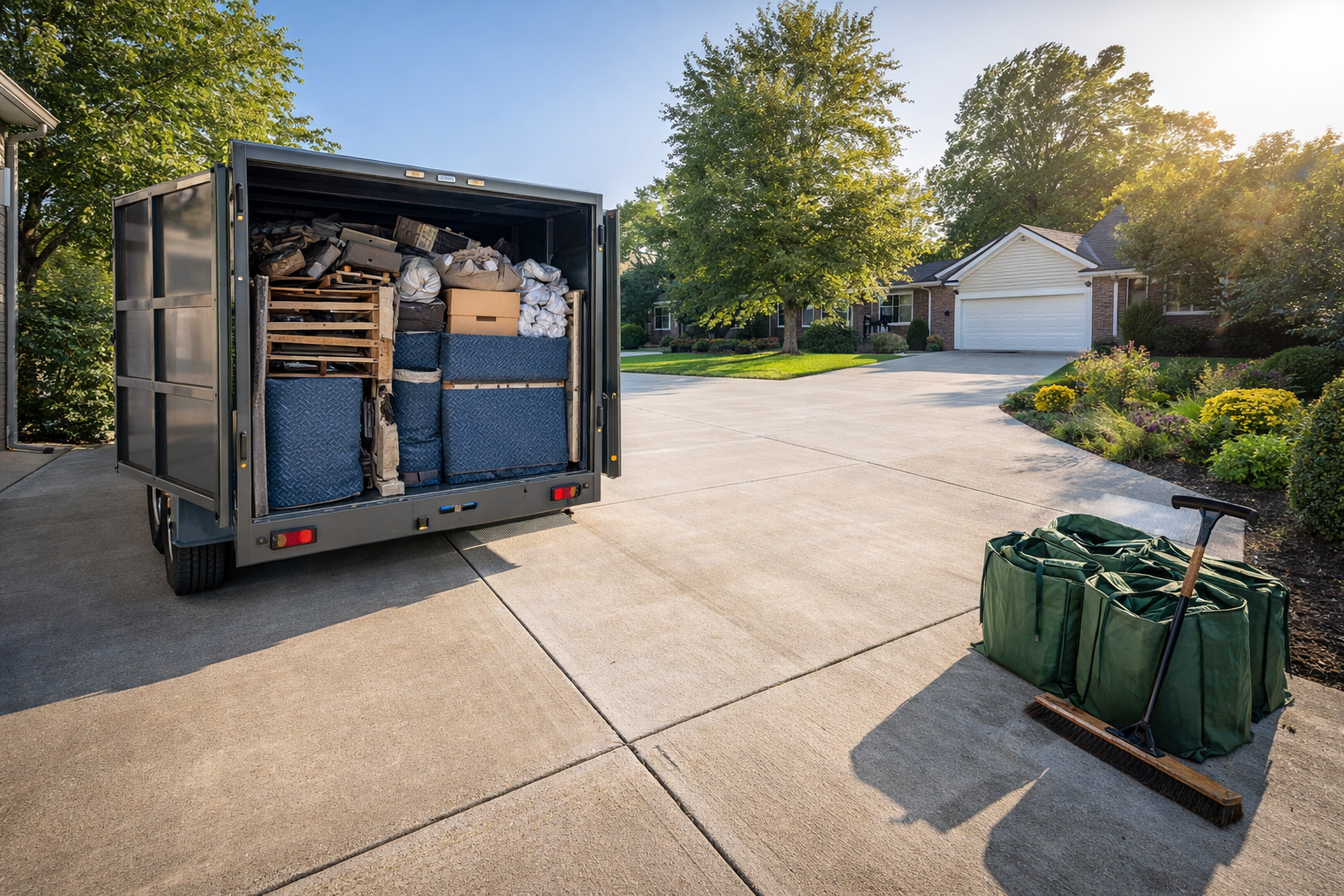 A trailer packed with items sits in a residential driveway near green bags and a broom on a sunny day.