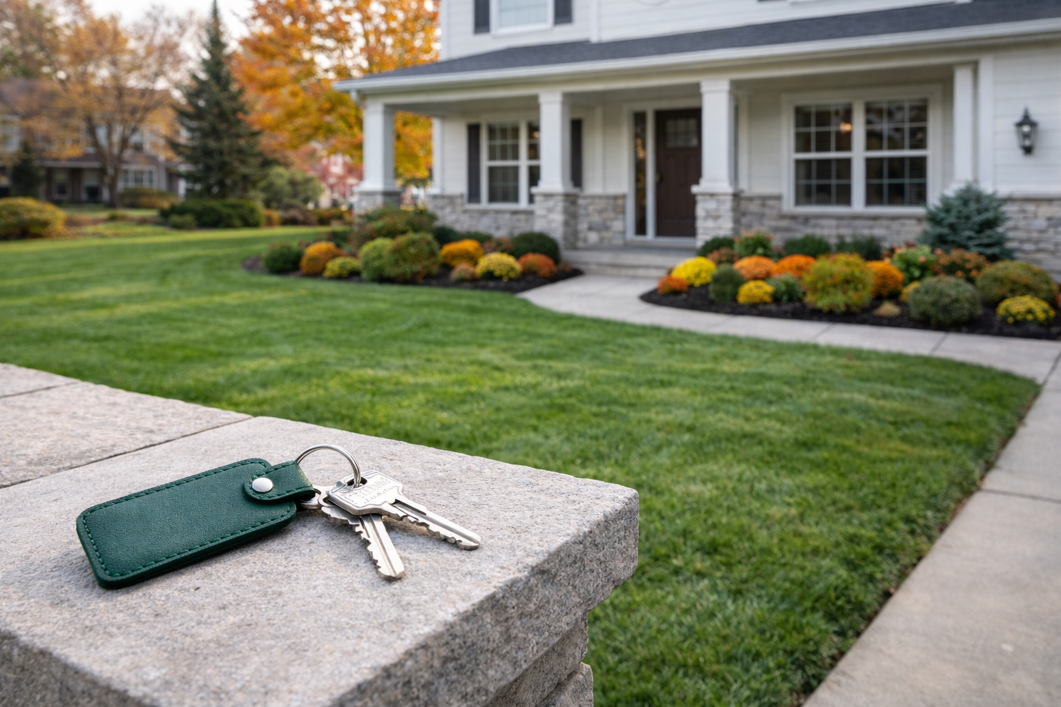 A set of keys with a green fob rests on a stone wall in front of a house with a lawn and autumn landscaping.