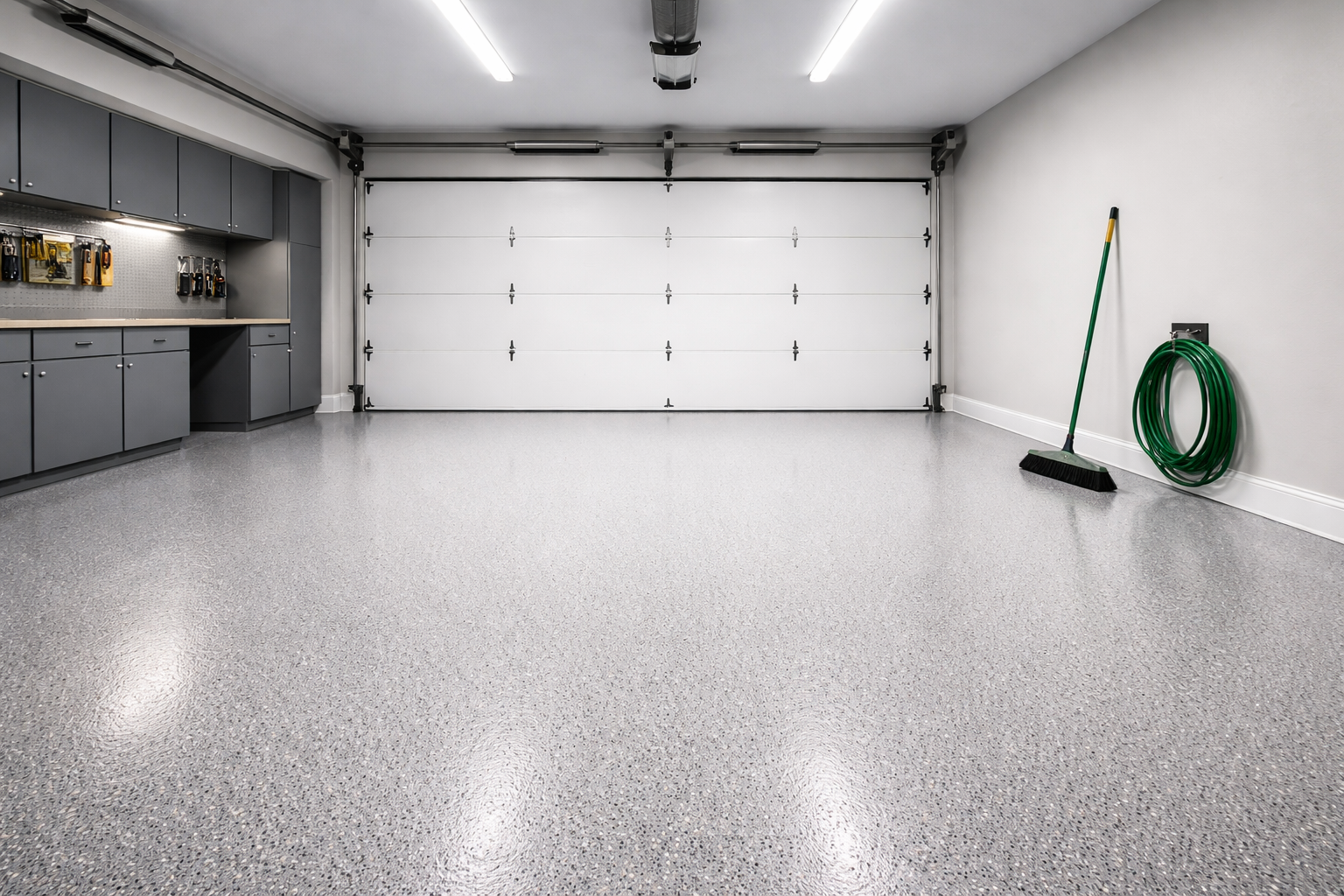 A clean, modern garage featuring gray speckled epoxy floors, gray storage cabinets, a white door, and a coiled hose.
