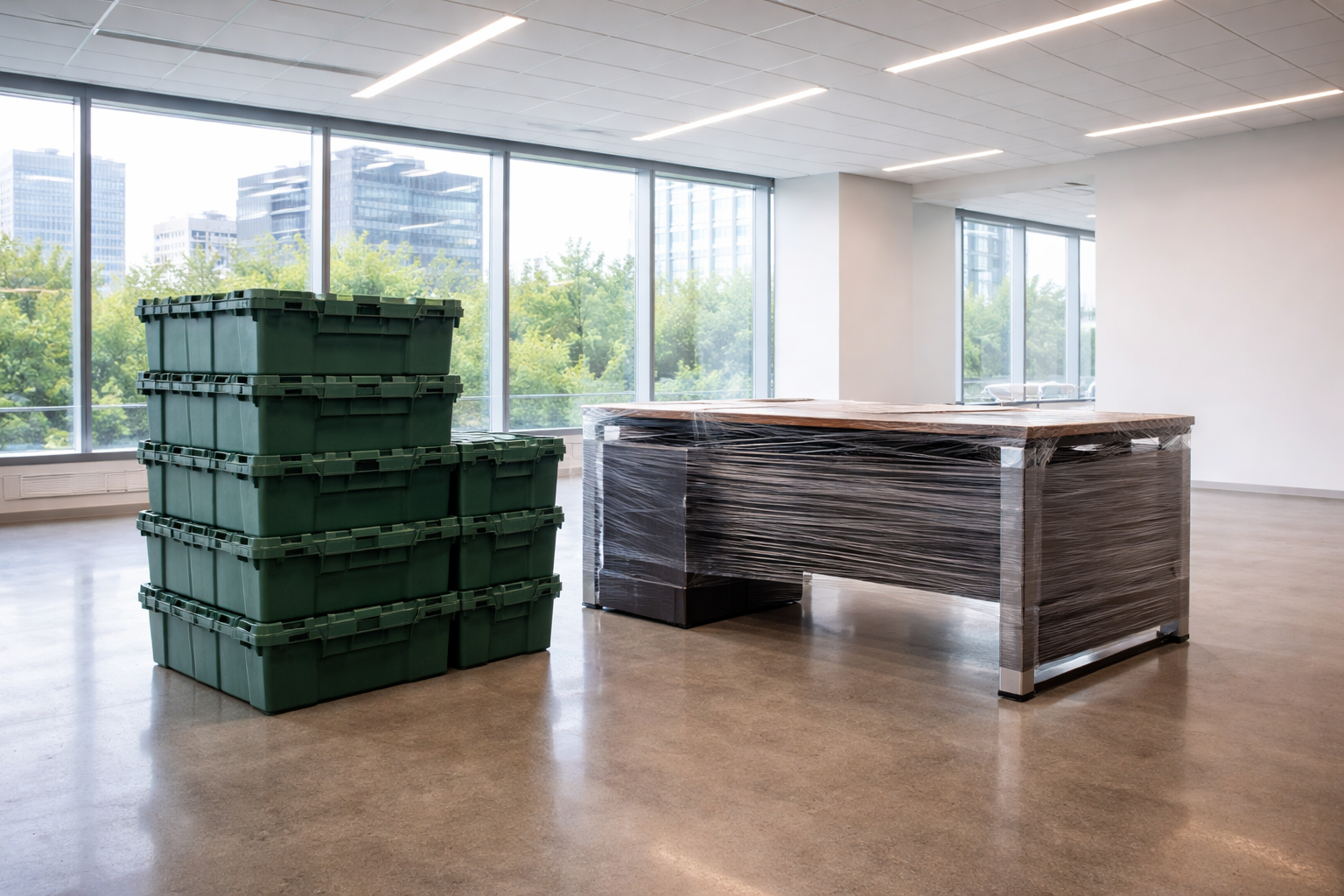 A large wooden desk wrapped in plastic film stands in an empty office next to a stack of green plastic storage bins.