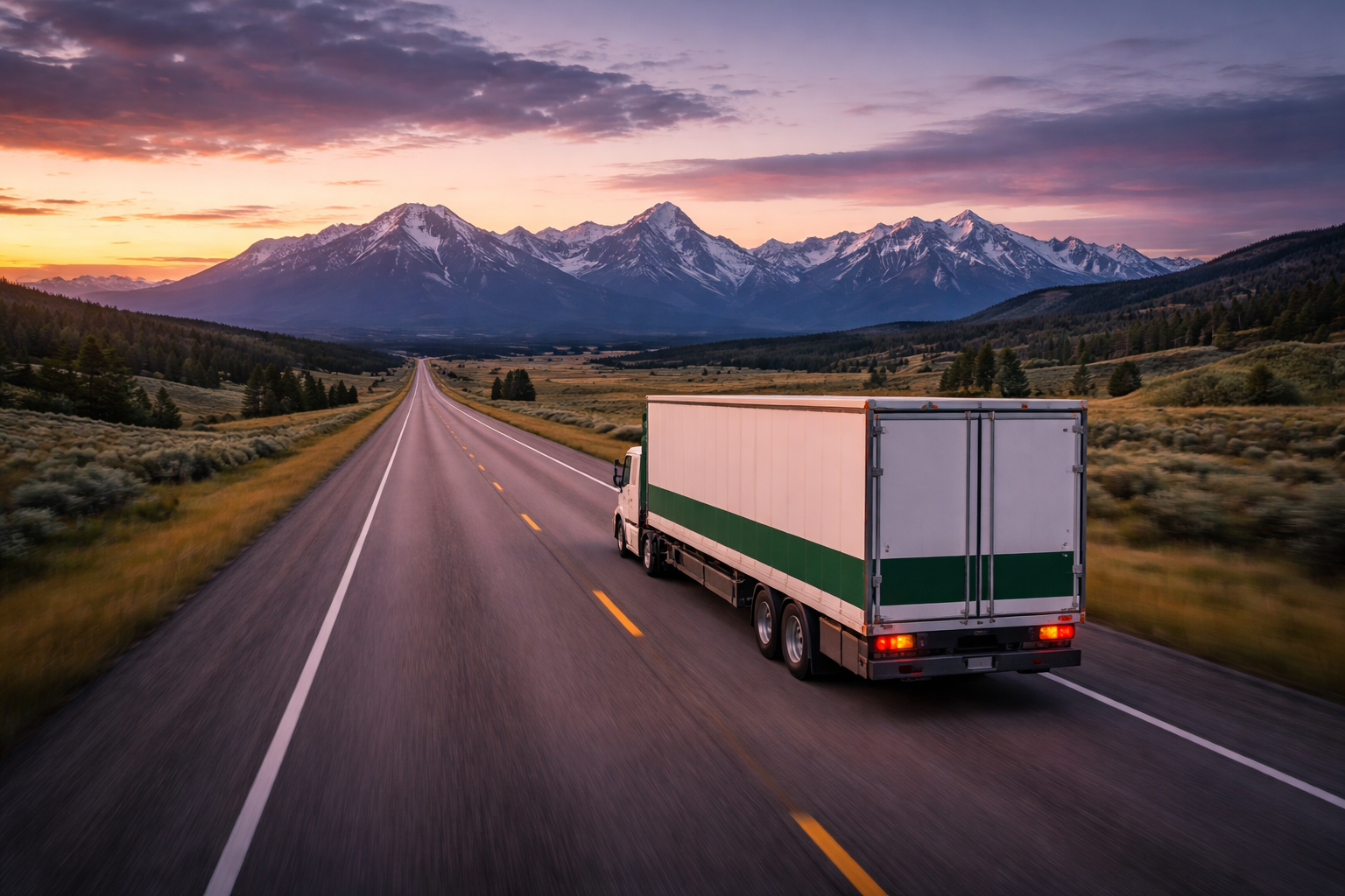 A truck driving on an open highway toward snow-capped mountains at sunset.