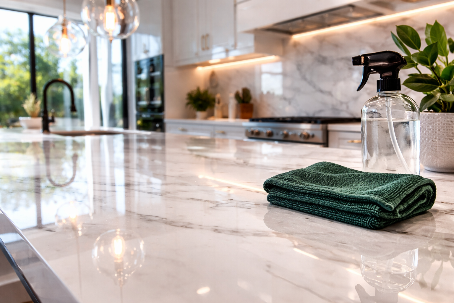 A spray bottle and a folded green cloth sit on a polished white marble kitchen island countertop.