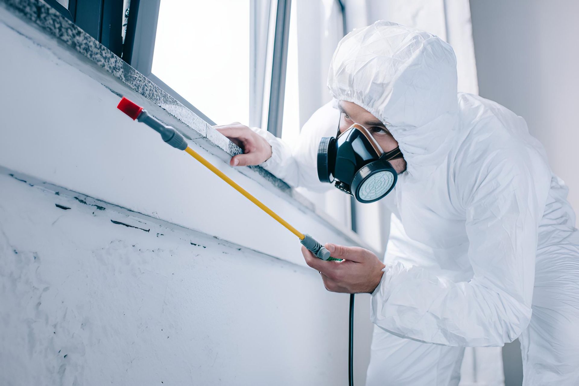 Man in a Protective Suit is Spraying a Wall With a Sprayer — Shark Pest Control in Coolum, QLD