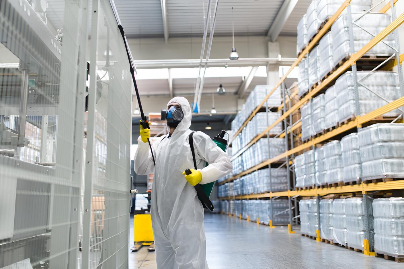 Man in a Protective Suit is Spraying a Warehouse — Shark Pest Control in Buderim, QLD
