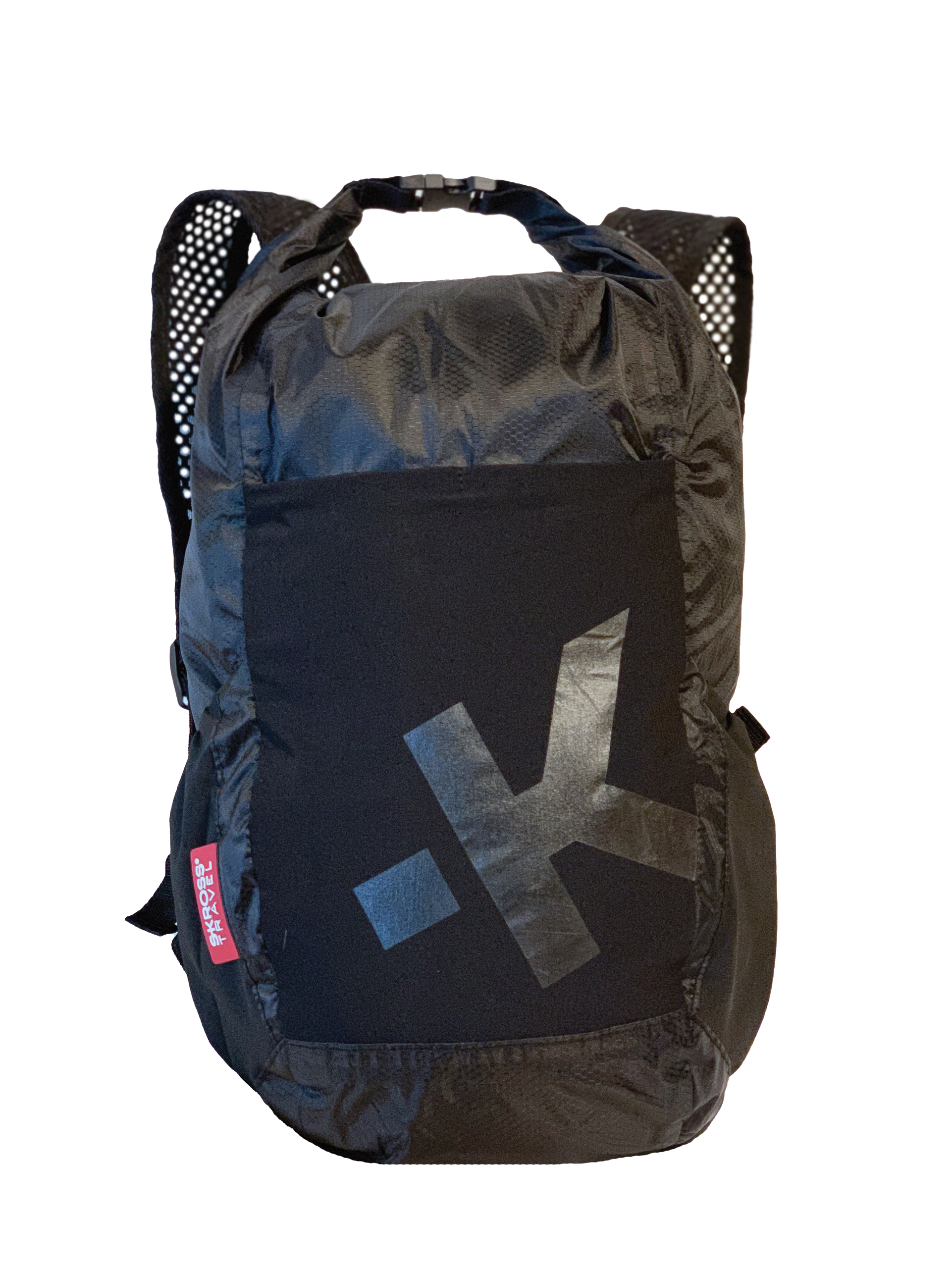 A black Skross backpack with the letter K on it