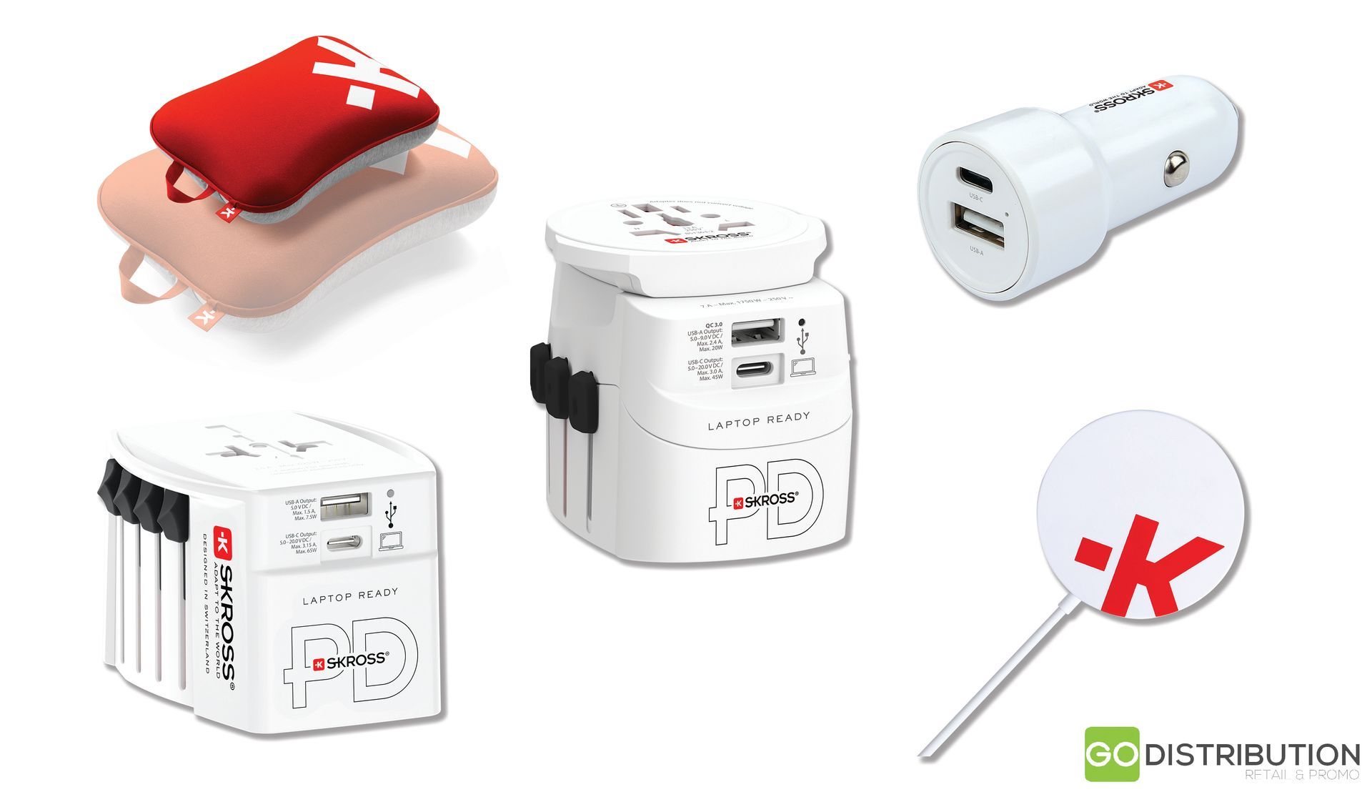 5 exciting new Skross products for 2024. Travel adapters, pillows, car USB chargers and more
