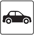 A black and white icon of a car in a square.