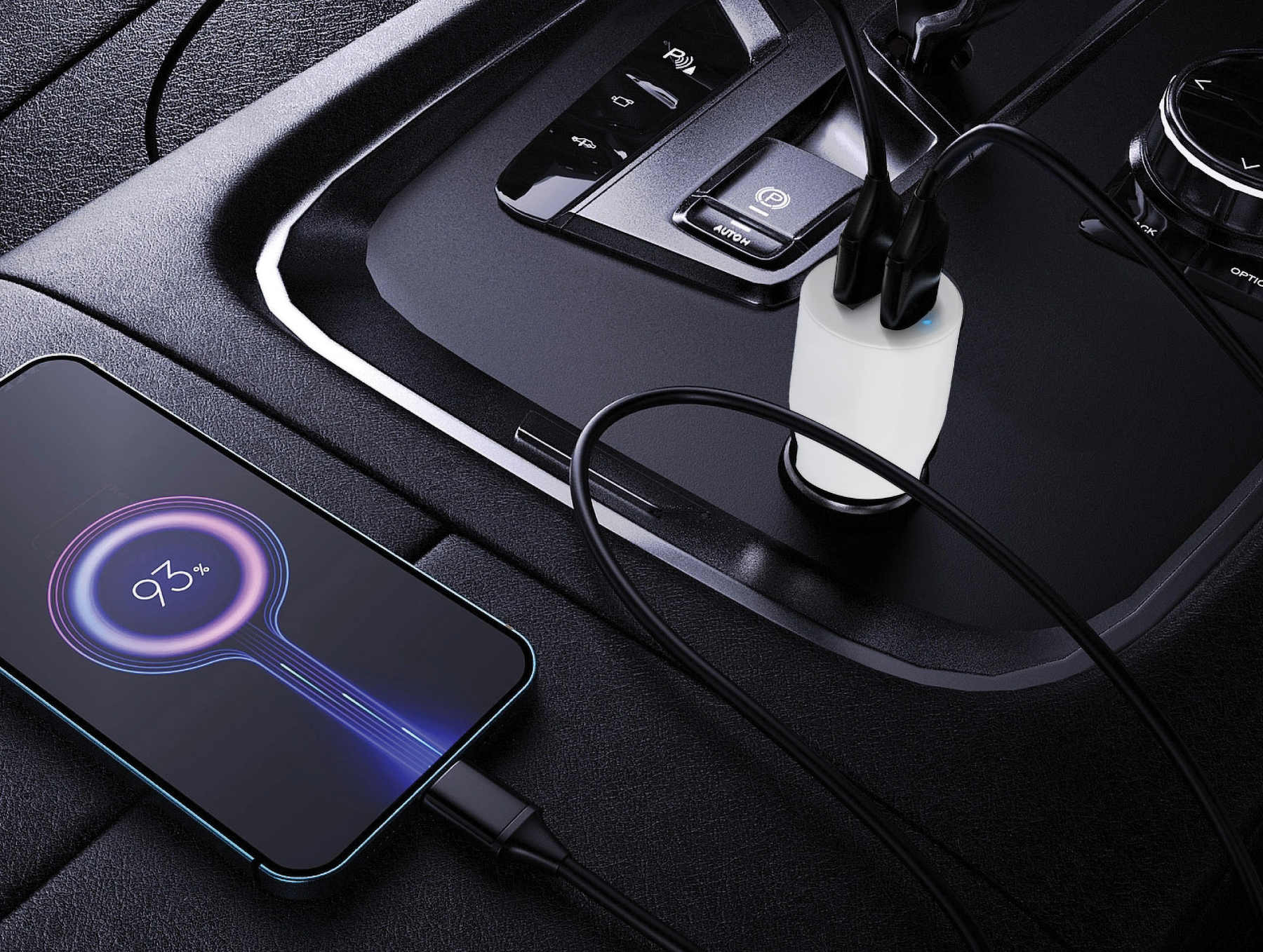 Skross Fast Charging 20w USB Car Charger in a car with both sockets being used