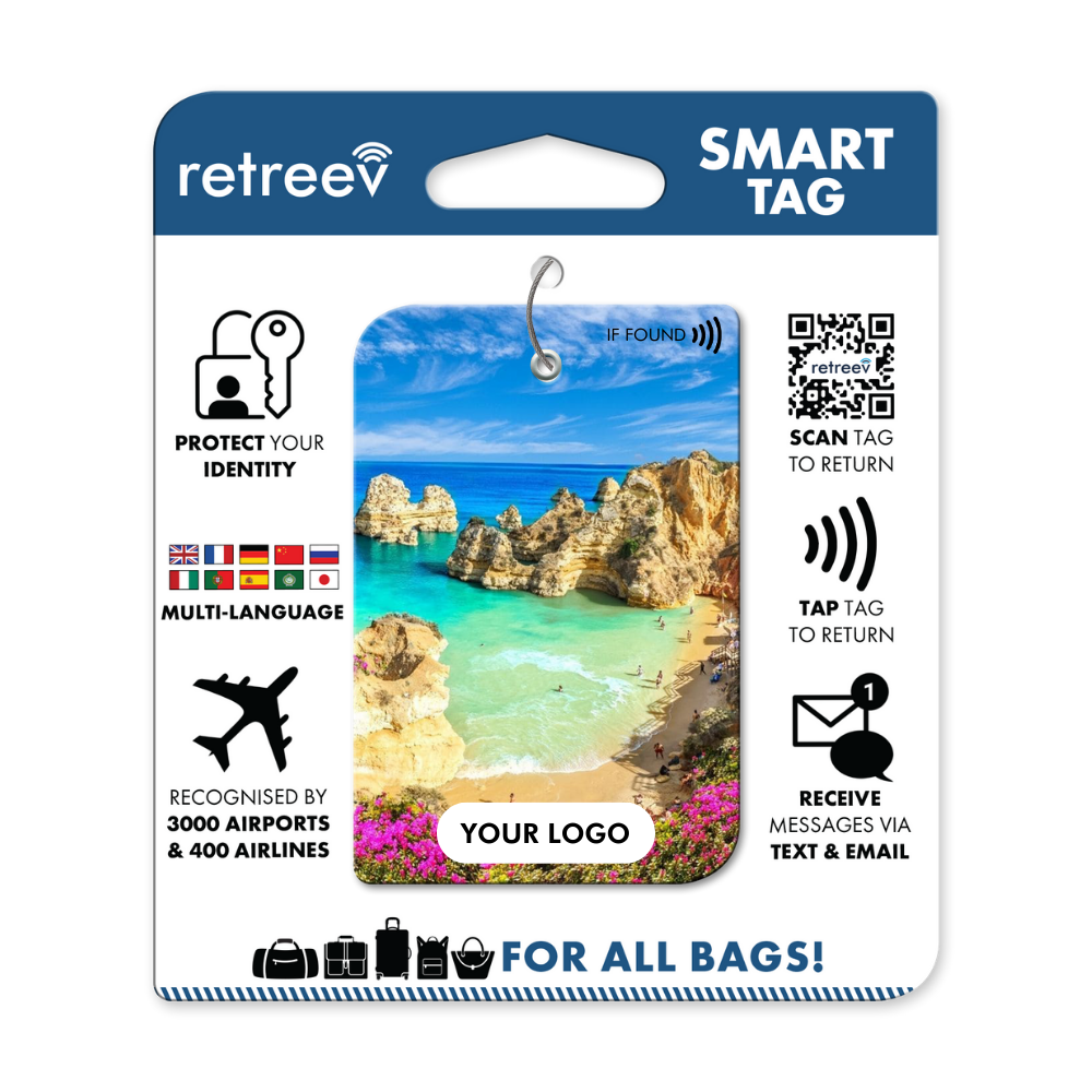 A smart tag with a picture of a beach on it.