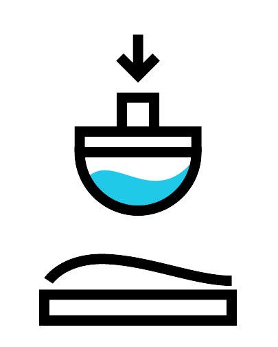 A blue and black icon of a boat with an arrow pointing down.