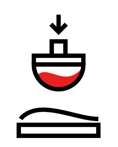 A black and red icon of a boat with an arrow pointing down.
